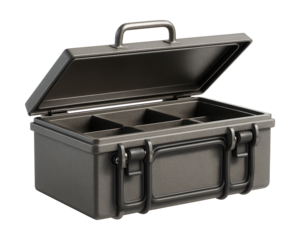 Weatherproof metal toolbox with rubber seals for outdoor electrical work.