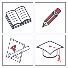 Education Icons Book Pencil Ruler with Number 4 Graduation Cap Keywords: book, open book, pencil