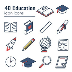 Collection of 40 education icons with red and blue accents on white school learning