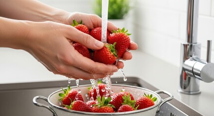Fresh Red Strawberries Being Rinsed Under Running Water in a Bright Kitchen Sink