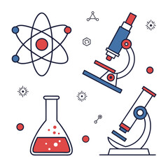Colorful science icons atom microscope flask and molecular structures atomic model
