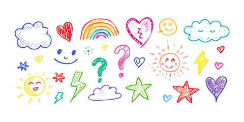 Colorful hand drawn doodles on a white background icons