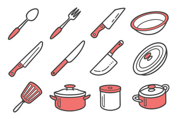 Collection of Hand Drawn Kitchen Utensils and Cookware Icons Keywords: spoon, fork, knife, spatula