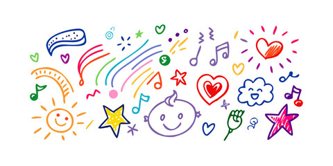 Colorful hand drawn doodles on a white background marker pen