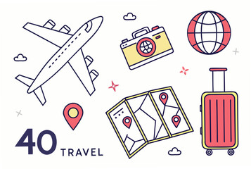 Travel Themed Icons with Airplane Camera Globe Map and Suitcase Keywords: airplane, camera, globe, map