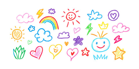 Colorful hand drawn doodles with suns clouds and hearts