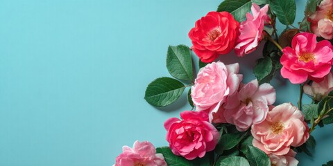 Vibrant Pink and Red Roses on Light Blue Background for Floral Design