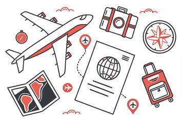 Travel and Vacation Icons Airplane Suitcase Passport Map Compass vector illustration