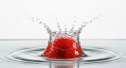 Splash of Fresh Strawberry in Clear Water with Vibrant Droplets and Gentle Ripples