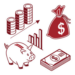 Isometric financial icons including piggy bank coins and money bag Keywords: piggy bank, money bag