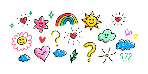 Colorful hand drawn icons hearts sun rainbow clouds stars