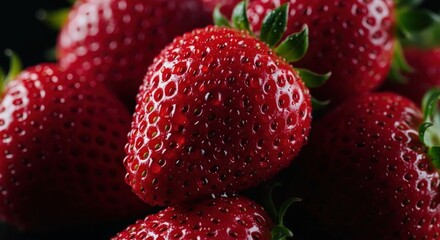 Fresh Juicy Strawberries with Water Droplets on Dark Background, Close-Up View of Berries