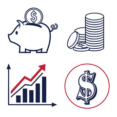 Financial icons with piggy bank coins chart and dollar sign Keywords: piggy bank, coin, coins, stack of