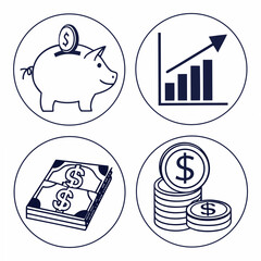 Circular financial icons with piggy bank chart money and coins Keywords: piggy bank, coin, coins, stack