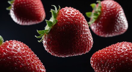 Fresh Juicy Strawberries with Water Droplets on Black Background for Food Photography