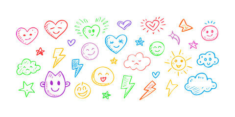Colorful hand drawn icons of hearts stars and faces