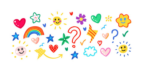 Colorful hand drawn icons hearts suns flowers stars