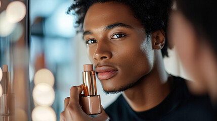 A person applies foundation to even out their skin tone. The makeup stick is held near their face, offering a close-up on cosmetic application for a flawless complexion and highlighting self care.