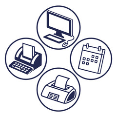 Four circular icons with office technology and planning elements in dark blue Keywords: office