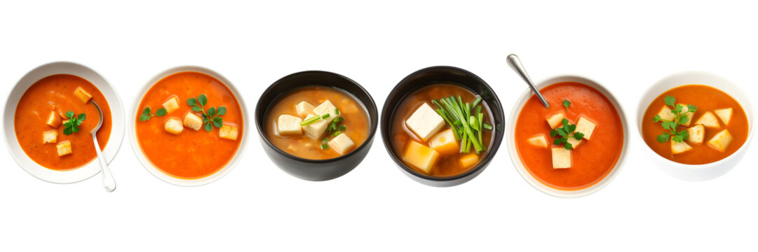 Overhead view of three red tomato soups with croutons and parsley and three miso soups with tofu and green onions