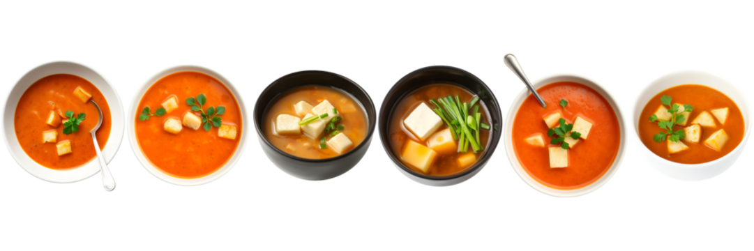 Overhead view of three red tomato soups with croutons and parsley and three miso soups with tofu and green onions