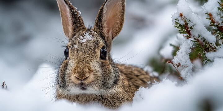 Wildlife candid close-up, small brown rabbit sitting in deep snow, twitching nose, snowflakes resting on fur, alert ears, low angle shot, blurred winter bushes background