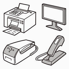 Office equipment icons printer monitor fax machine and stapler scanner