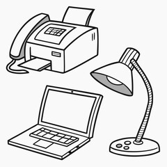 Office desk items icons fax machine laptop and desk lamp vector illustration