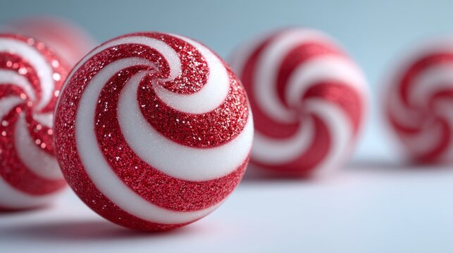 A red and white striped ball with glitter on it. The ball is surrounded by other balls, all of which are also red and white striped. The image conveys a festive and joyful mood