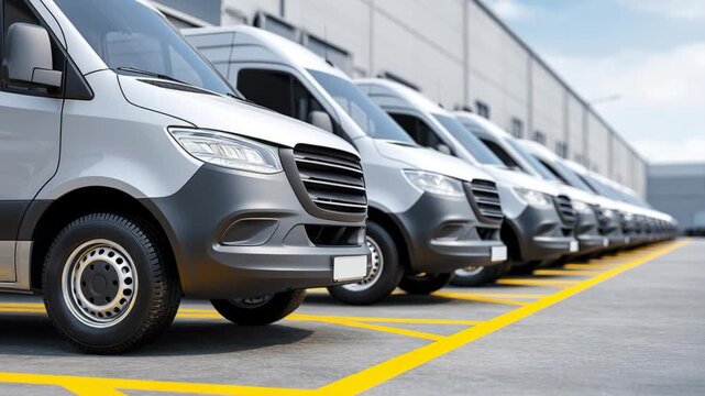 A long line of modern, grey delivery vans is neatly parked in an outdoor industrial lot with yellow parking lines, showcasing a fleet ready for service.