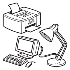 Office desk setup with computer, printer, and desk lamp monitor keyboard