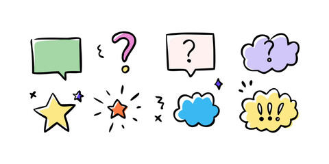 Colorful hand drawn speech bubbles and question marks