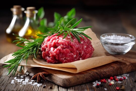 Raw ground meat patty with rosemary and spices