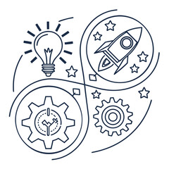 Business process concept with lightbulb, rocket, and gears vector illustration