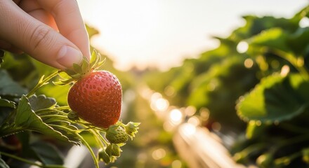 Close-Up of a Hand Picking Ripe Strawberry from Green Plants at Sunset in a Field