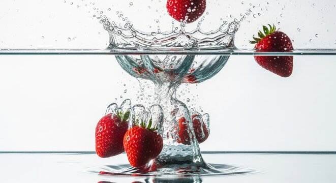 Fresh Strawberries Splashing into Clear Water Creating Bubbles and Ripples in a Bowl