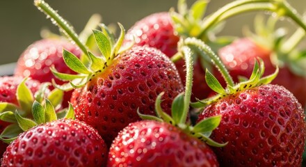 Fresh Ripe Red Strawberries with Water Droplets Glistening in Soft Natural Light