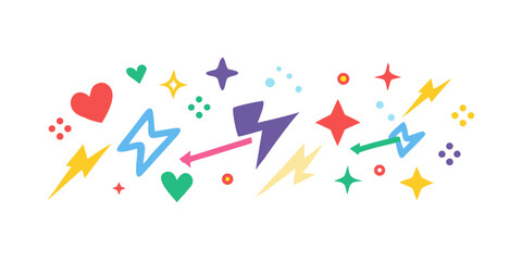 Colorful Hearts Stars Lightning Bolts and Arrows on White