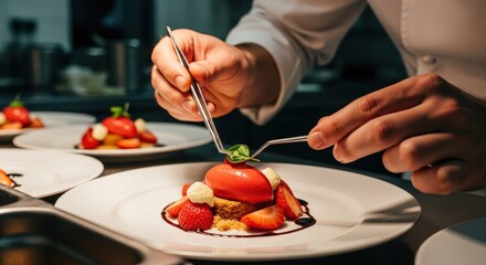 Exquisite Dessert Presentation by Chef with Fresh Fruits and Elegant Garnish in Fine Dining Setting