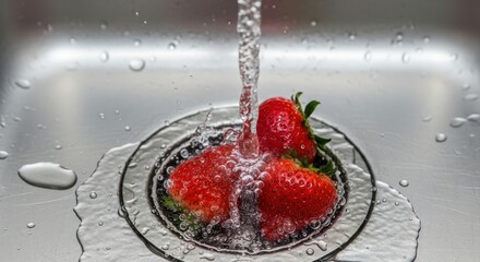 Fresh Red Strawberries Under Running Water in Stainless Steel Sink with Bubbles