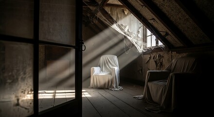 Forgotten attic corner illuminated by sunlight, revealing antique furniture, cobwebs, and aged textures
