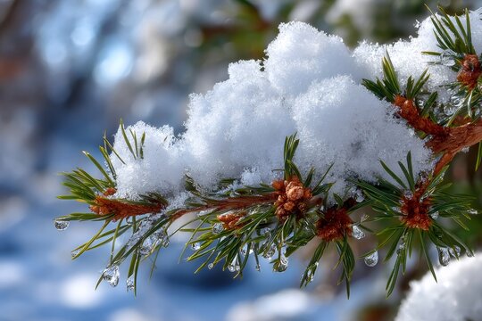 Pine branch covered with snow melting into water droplets