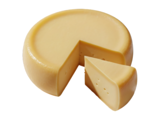 Round cheese with a wedge cut out, smooth texture and light yellow color