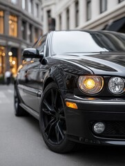A sleek black luxury car parked on a city street, showcasing its stylish design and modern features. The urban setting adds to its appeal.