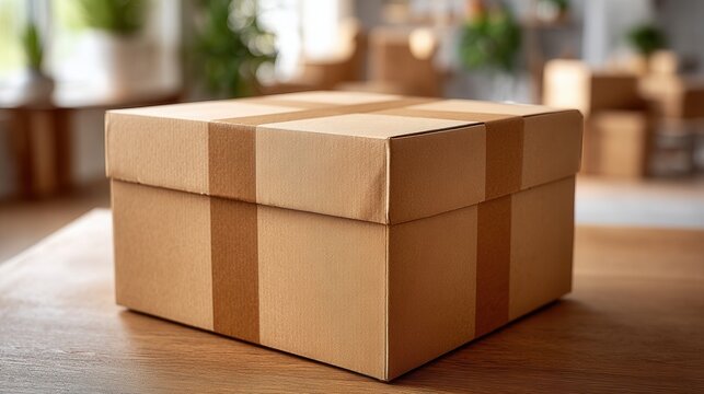 A closed brown cardboard box sits on a wooden table in a bright, airy room filled with greenery. Ideal for packaging and shipping concepts. - Powered by Adobe