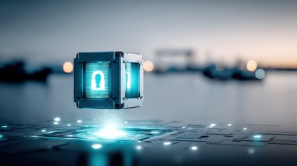 Suspenseful technology event featuring a secure data cube coastal city digital illustration tranquil environment futuristic viewpoint