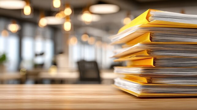 High Stack of Documents with Yellow Folders on Wooden Table