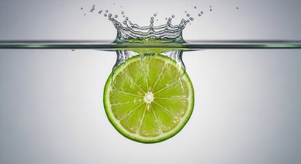 A vibrant lime slice creates splashes as it hits the surface of clear water, showcasing freshness and vitality.