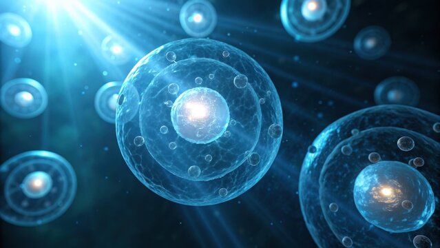 A visually striking depiction of molecular structures with light beams, illustrating the intricate world of atoms and particles in a vibrant, blue-tone environment.