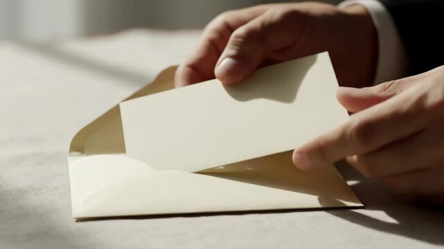 Hands opening envelope with blank card inside on table  